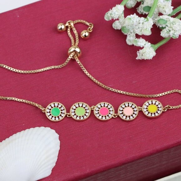 Rose Gold Adjustable Bracelet with Colorful CZ Disc Charms, XPAB0659 - Picture 12 of 12